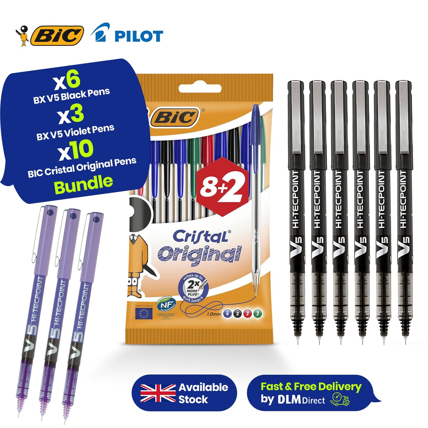 Pilot BX V5 Hi-Tecpoint Rollerball 3-Pack Violet & 6-Pack Black Pens, BIC 10-Pack Cristal Multi-Colour