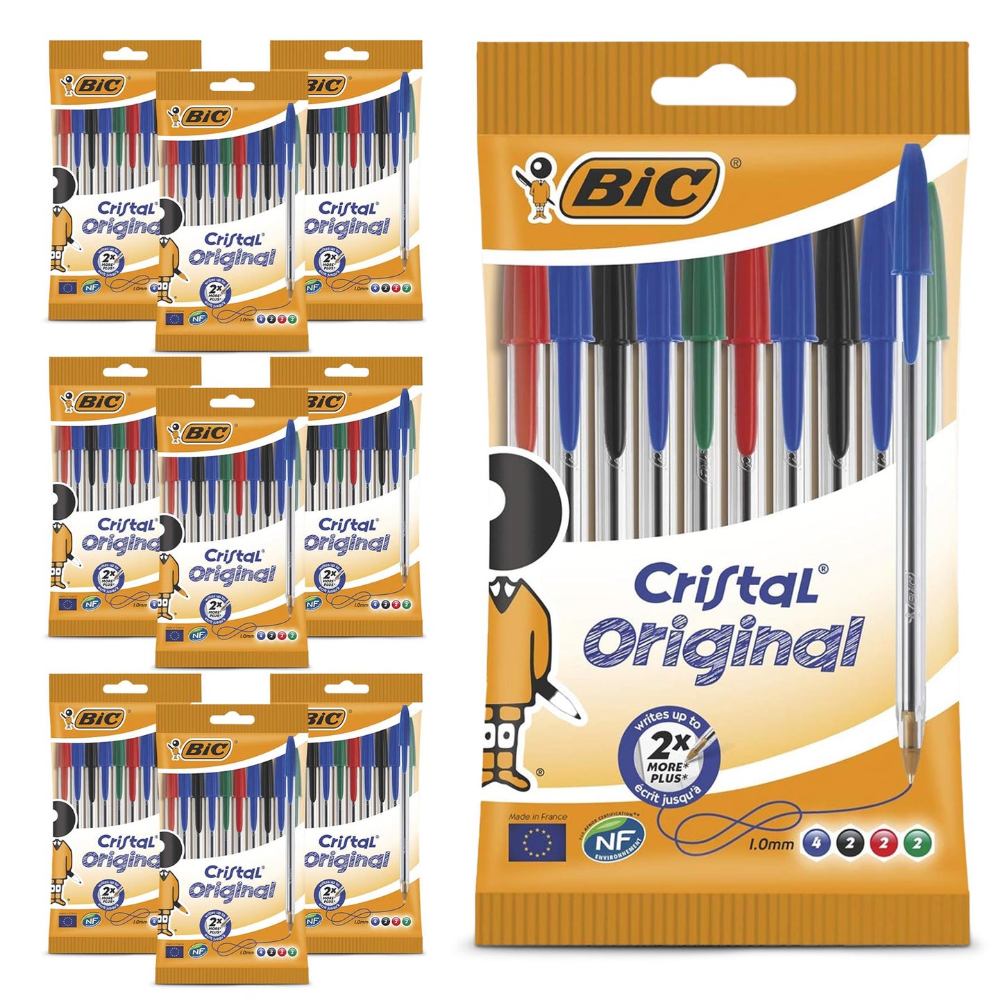 BIC Cristal Original Ballpoint Pens, Fine 1.0mm, 10 Assorted Colours, Comfortable Grip for School and Office