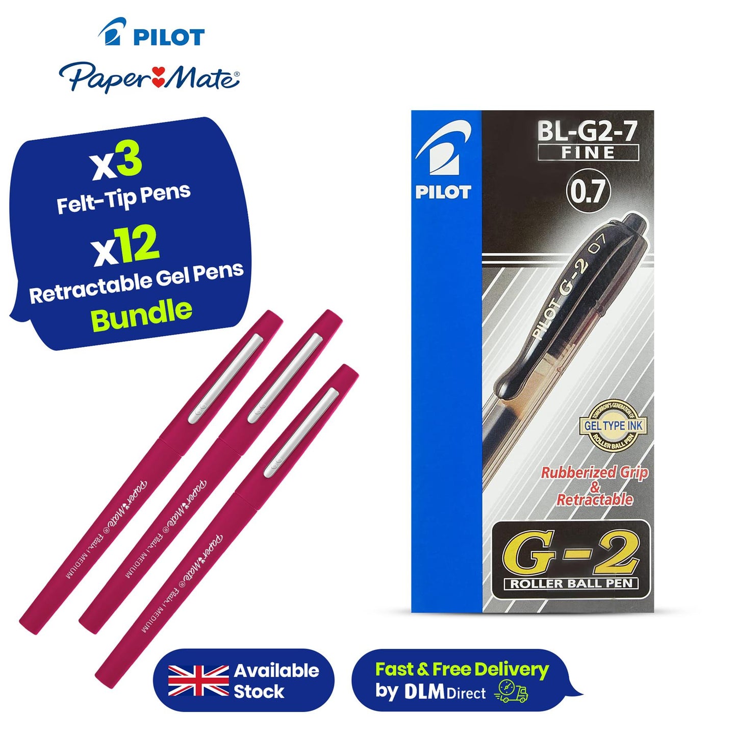 Pilot G207 12-Pack Gel Rollerball Pens & Paper Mate Flair 3-Pack Felt Tip Pens for Office & School