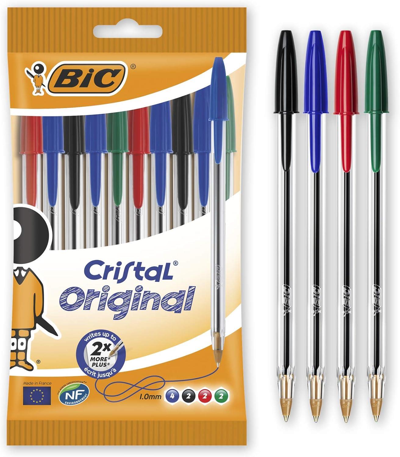 BIC Cristal Original Ballpoint Pens, Fine 1.0mm, 10 Assorted Colours, Comfortable Grip for School and Office