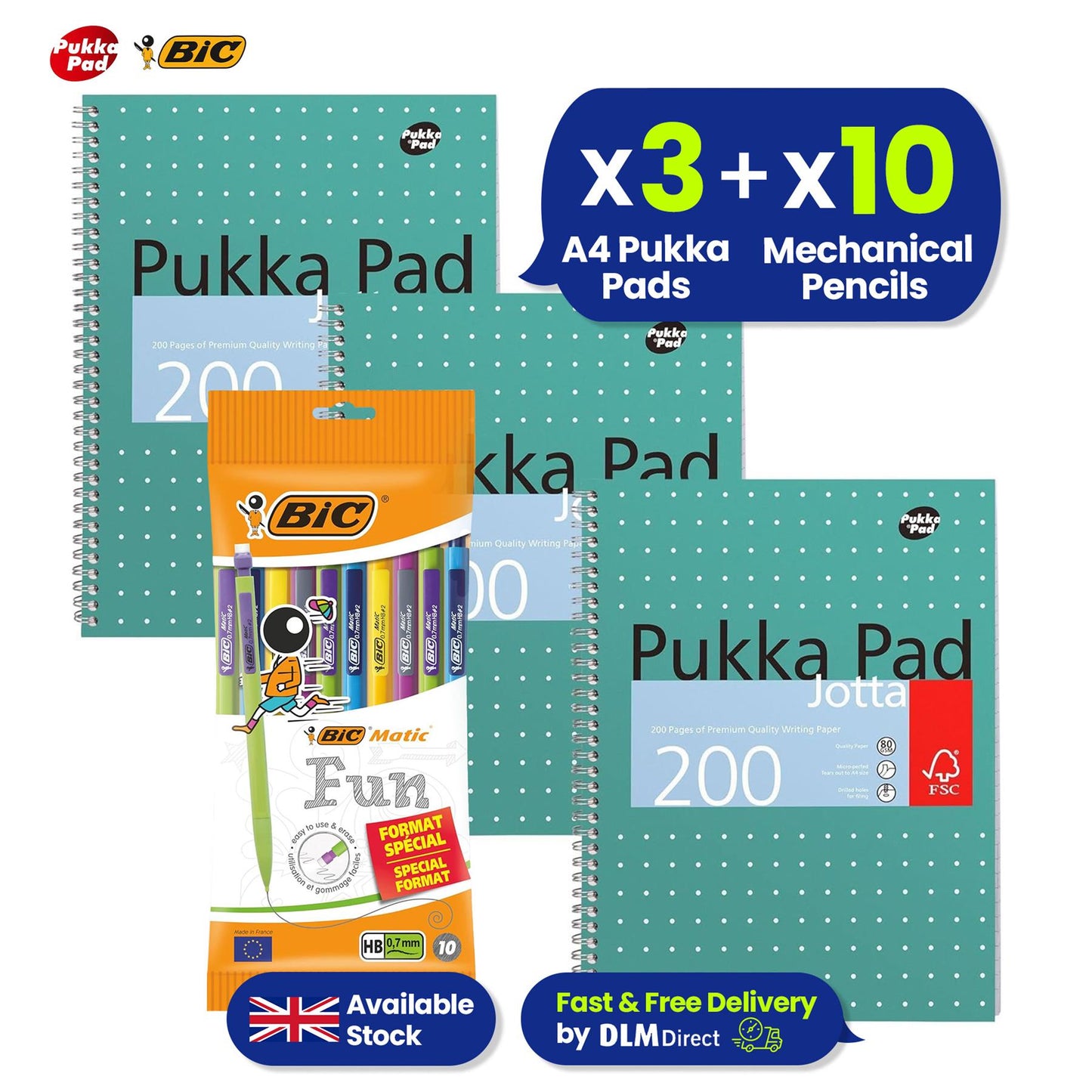 Pukka Pad 3x A4 Jotta Notebook & 10x BIC Matic Mechanical Pencils 0.7mm Tip Ideal for School and Office Use