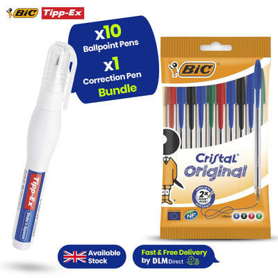 BIC Cristal 10 Pack Ballpoint Pens & 1Pcs Tipp-Ex Shake'n Squeeze Quick-Drying Correction Pen