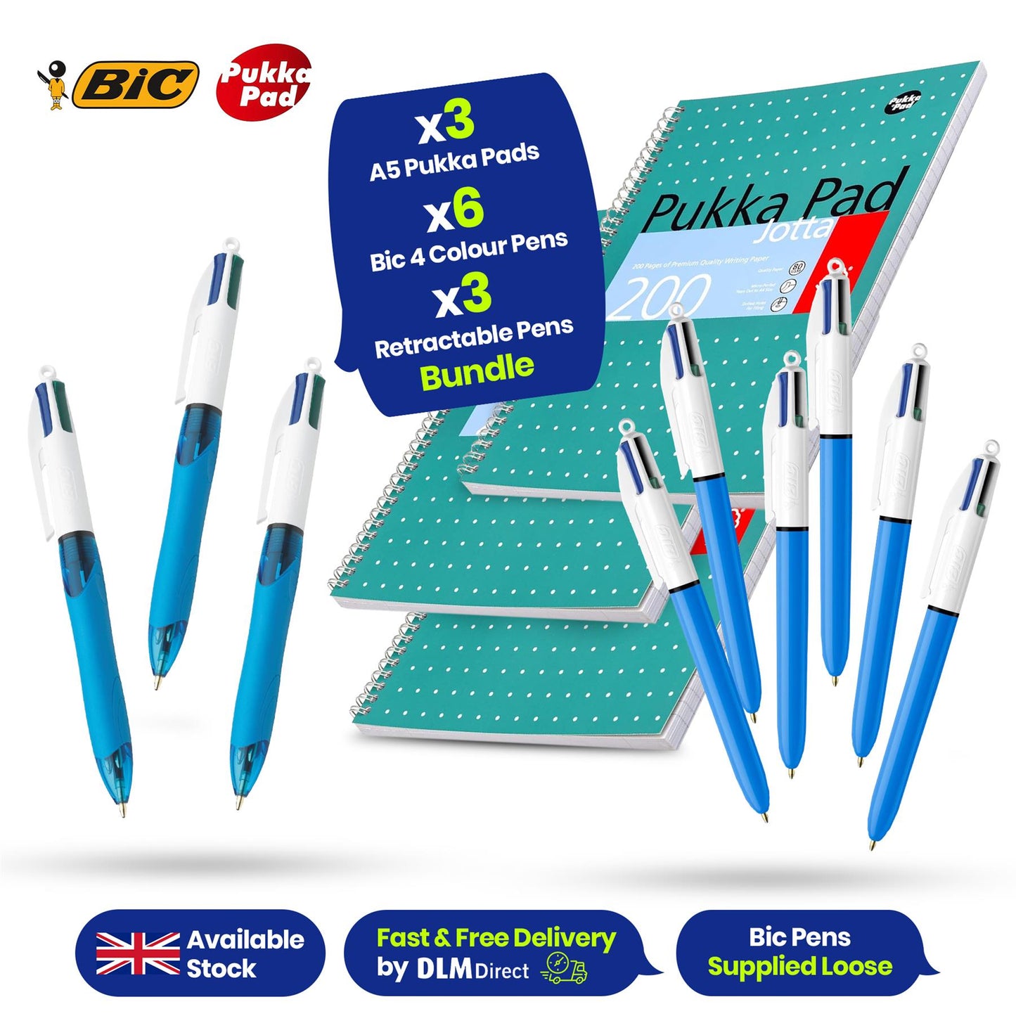 BIC 4 Colour Ballpoint Pens, 2 Pack & 3x BIC 4 Colour Retractable Pens & Pukka Jotta Pad A5