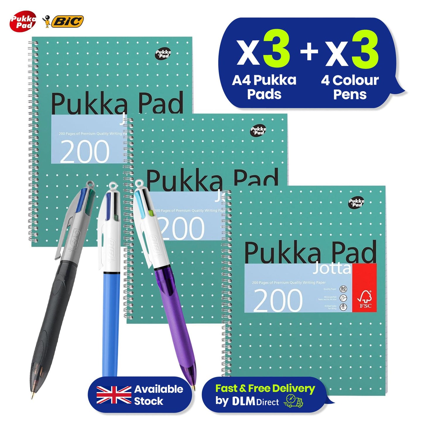 Pukka Pad, A4 Metallic Jotta Book 3 Pack � 21 x 30cm + Bic Grip 4-Colours Retractable Pens [Pack of 3] 1 x Grip, 1 x Grip Pro, 1 x Grip Fun/Fashion colours Medium 1.0mm