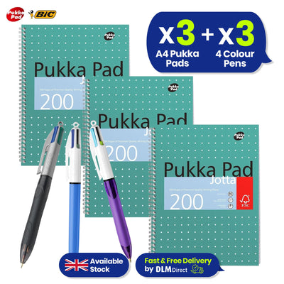 Pukka Pad, A4 Metallic Jotta Book 3 Pack � 21 x 30cm + Bic Grip 4-Colours Retractable Pens [Pack of 3] 1 x Grip, 1 x Grip Pro, 1 x Grip Fun/Fashion colours Medium 1.0mm