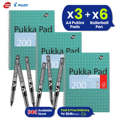 Pukka Pad, A4 Metallic Jotta Book 3 Pack � 21 x 30cm +  Pilot BX V5 Black Hi-Tecpoint Extra Fine Rollerball Pen 0.5 mm Nib Tip 0.3 mm Line Width (Pack of 6)