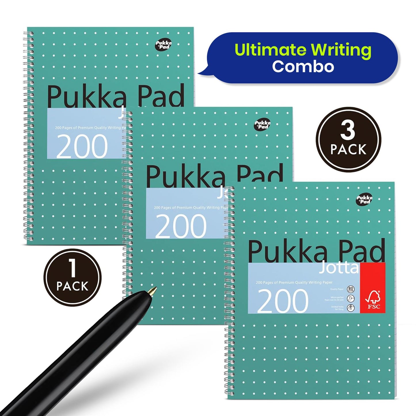 Pukka Pad 3x A4 Jotta Notebook & BIC 4 Colours Pro Ballpoint Pens 1.0mm Medium Tip Ideal for School and Office Use