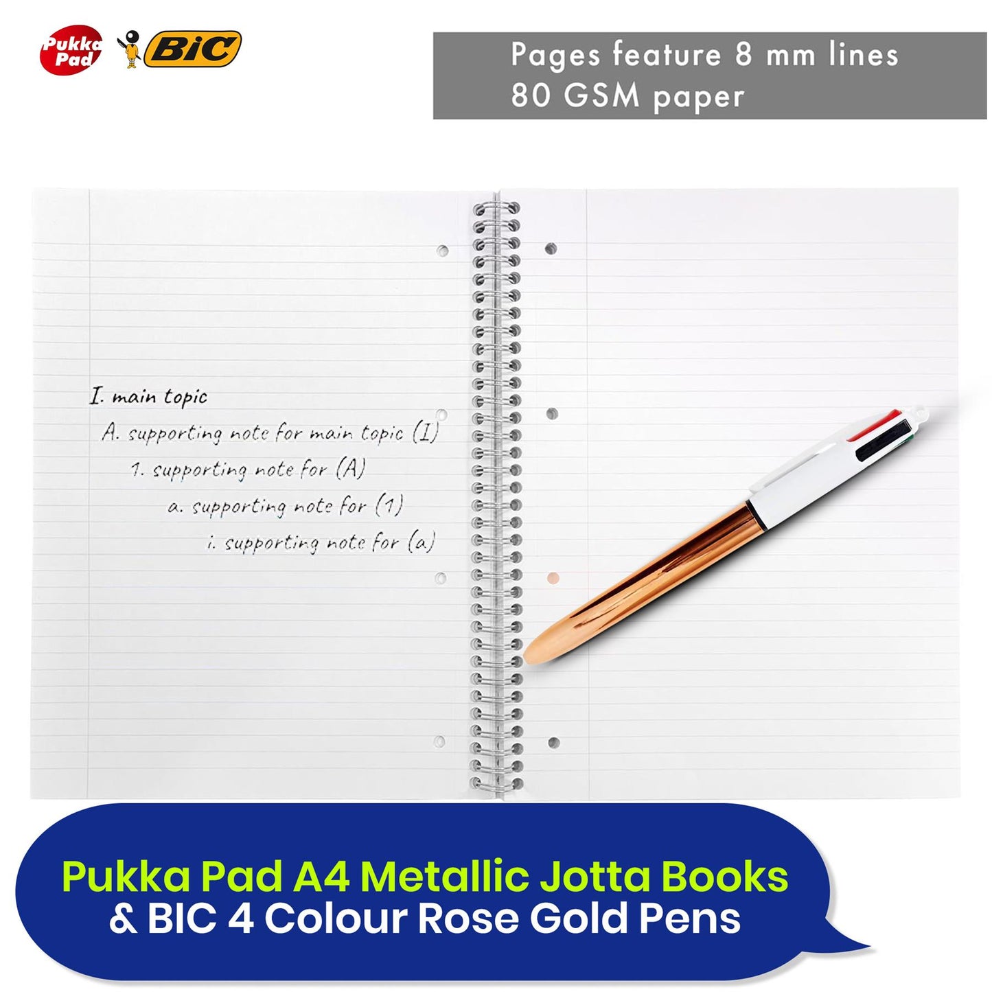 Pukka Pad 3x A4 Jotta Notebook & BIC 4 Colours Pens Rose Gold Pack of 3 Ideal for School and Office Use