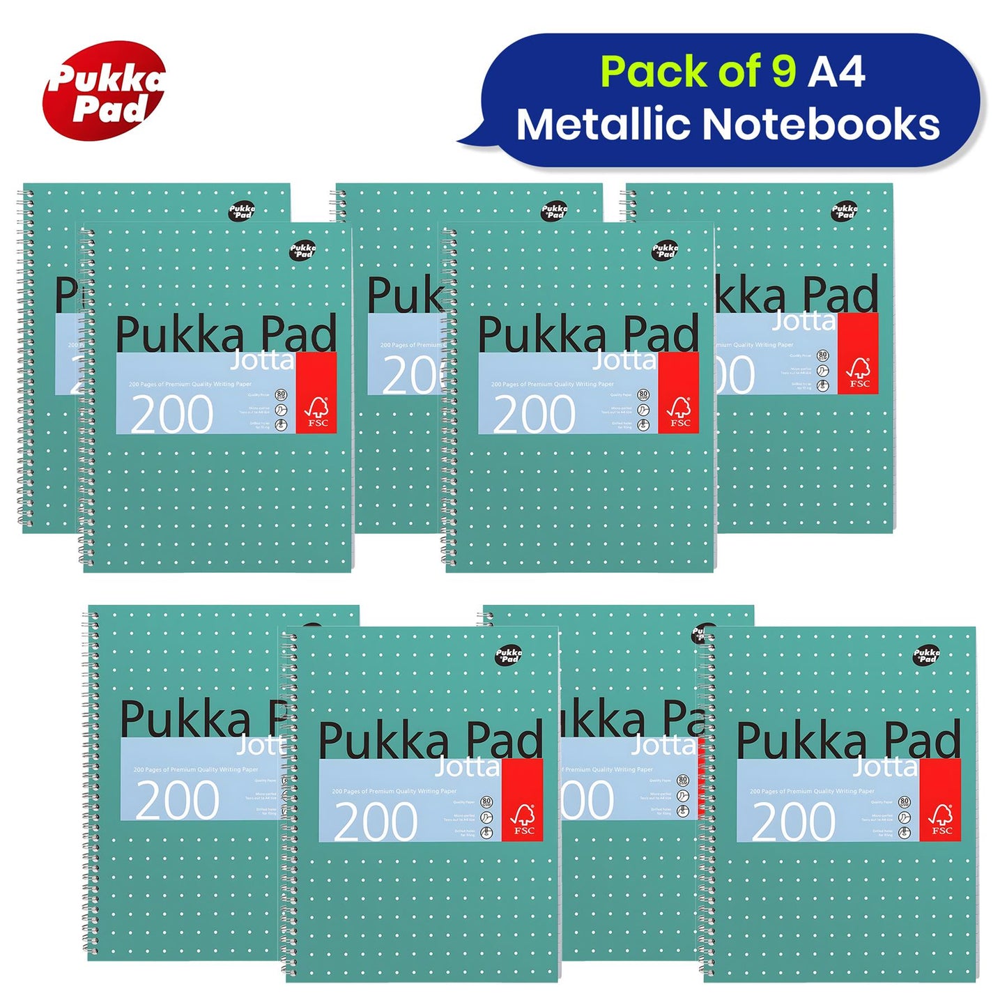 Pukka Pad A4+ Metallic Jotta Book, 200 Pages, 8mm Lined Green, 80 GSM, Wirebound & Perforated for School & Office Use