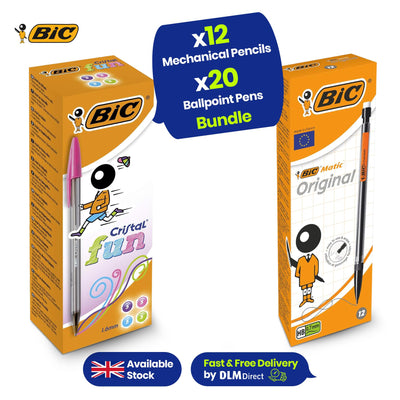 Bic Matic Original Mechanical Pencils  12 per pack + Bic Cristal Fun Ballpoint Pens 20 per pack