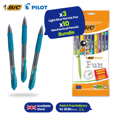 10x BIC Matic Mechanical Pencils & 3x Pilot G2 07 Light Blue Gel Ink Pens for Professional Use