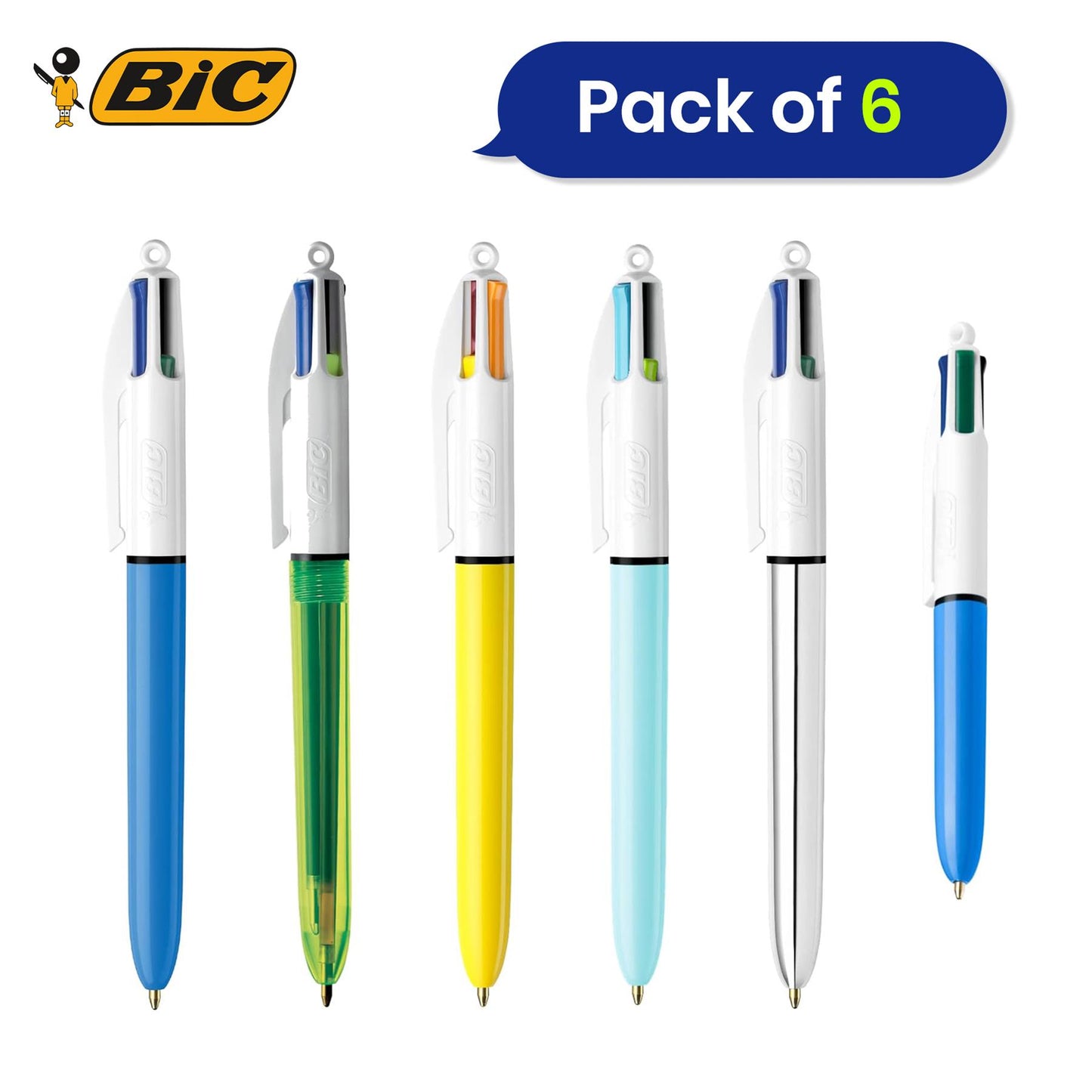 BIC 4 Colour Ballpoint Pens 6 Packs and 3x Pukka Metallic A5 Pad & 12 BIC Conte Colouring Pencils for School & Office