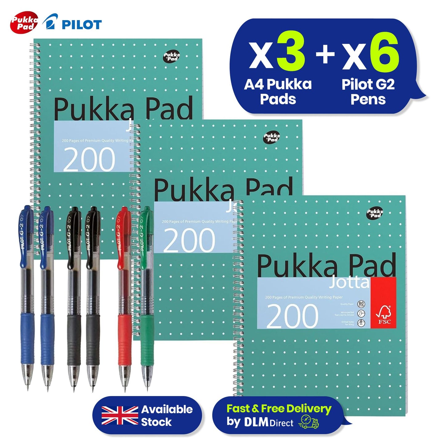 Pukka Pad 3x A4 Jotta Notebook & Pilot 6x G2 Assorted Pens Ideal for School and Office Use