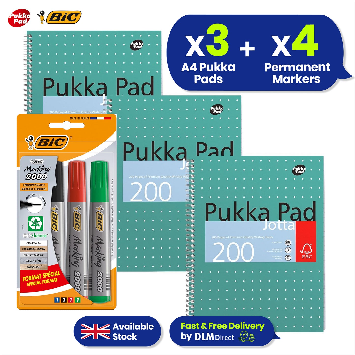 Pukka Pad 3x A4 Jotta Notebook & 4x BIC Marking 2000 Permanent Marker Ideal for School and Office Use