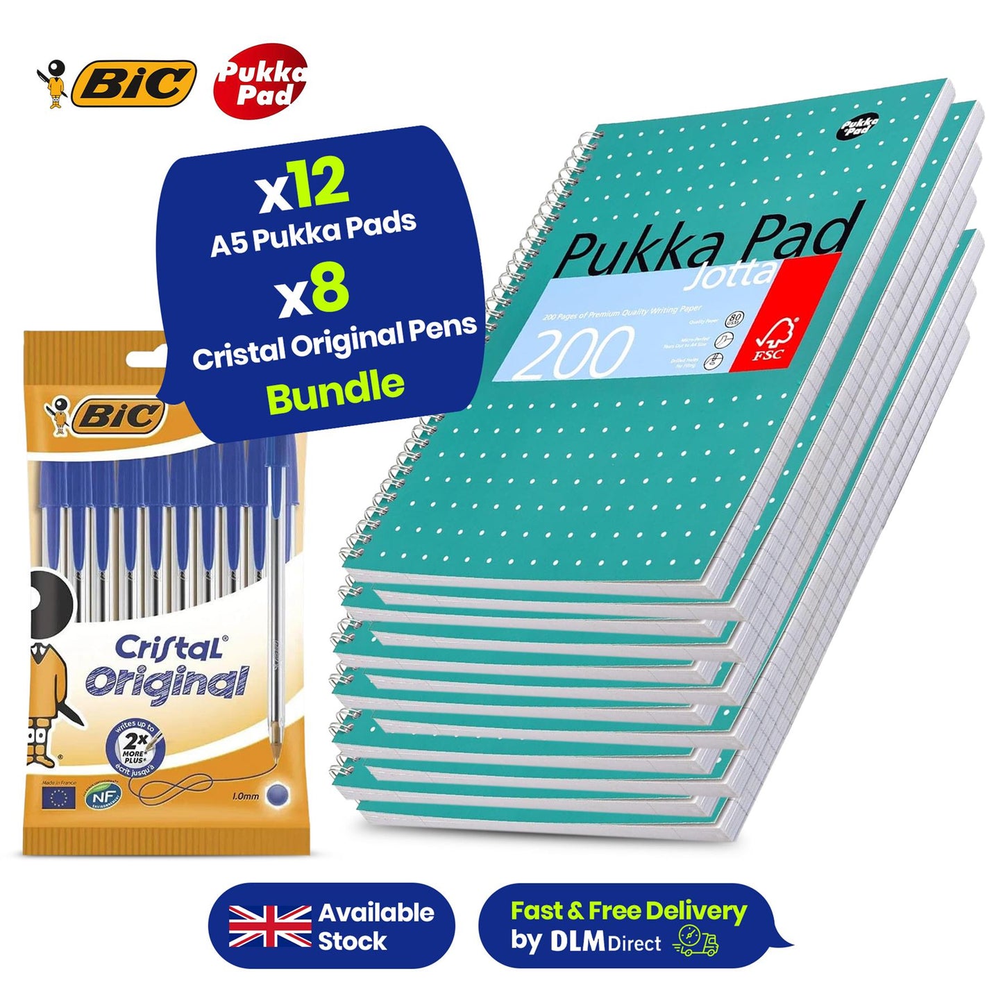 Bic Cristal Original Ballpoint Pens PACK OF 8 + Pukka Pad Jotta A5 Notebook PACK OF 12