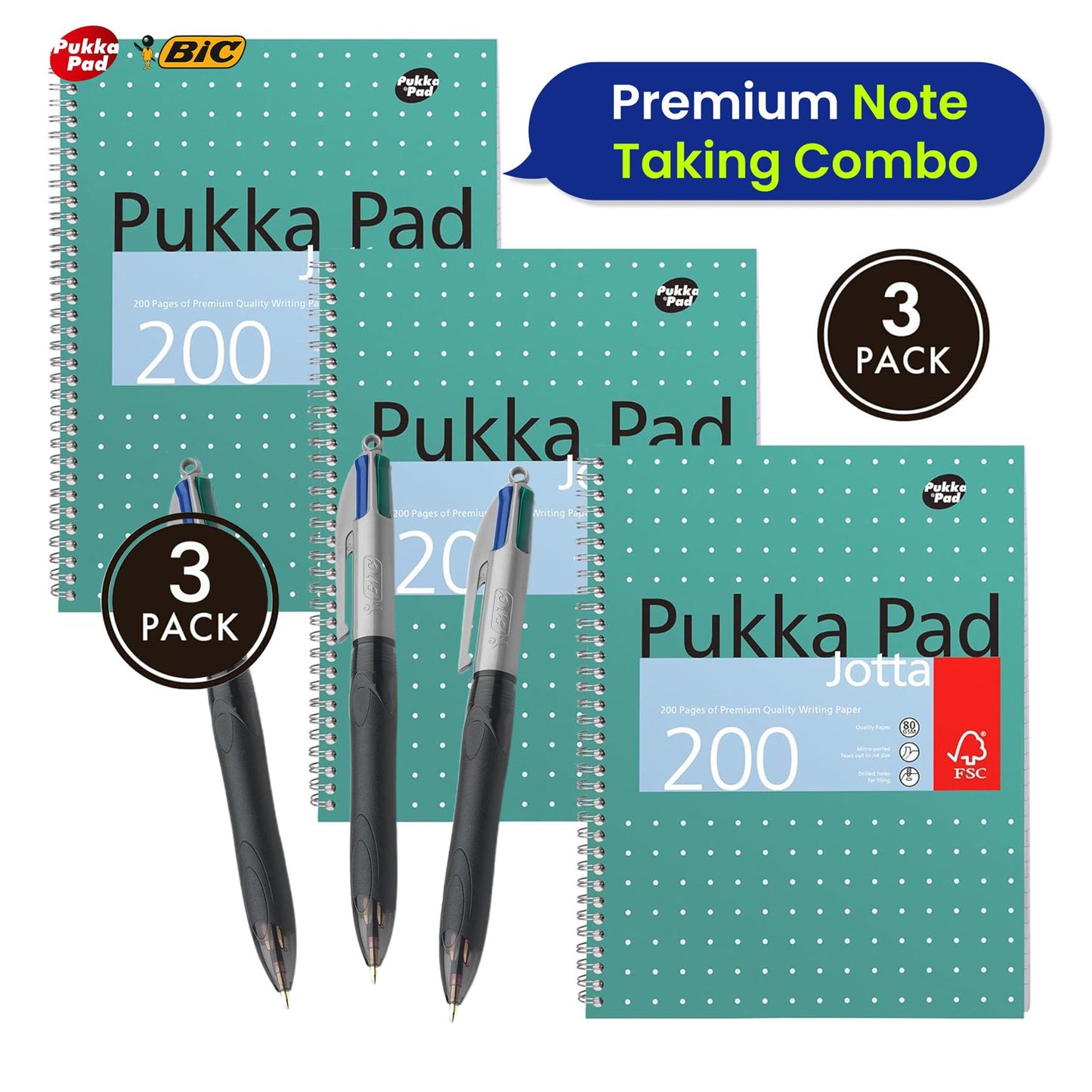 Pukka Pad, A4 Metallic Jotta Book 3 Pack � 21 x 30cm + BIC 4 Colour Grip Pro Pen Plastic Barrel 1.0mm Multi-Pen Four Ink Colours