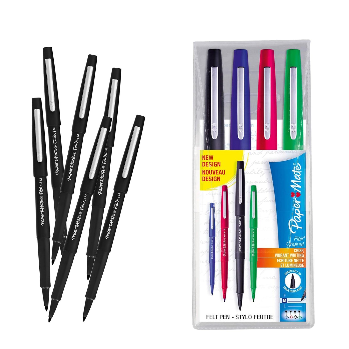 Papermate Flair Black Pack of 6 + Papermate Flair Assorted Colors 1Blue, 1Red, 1Green, 1Black