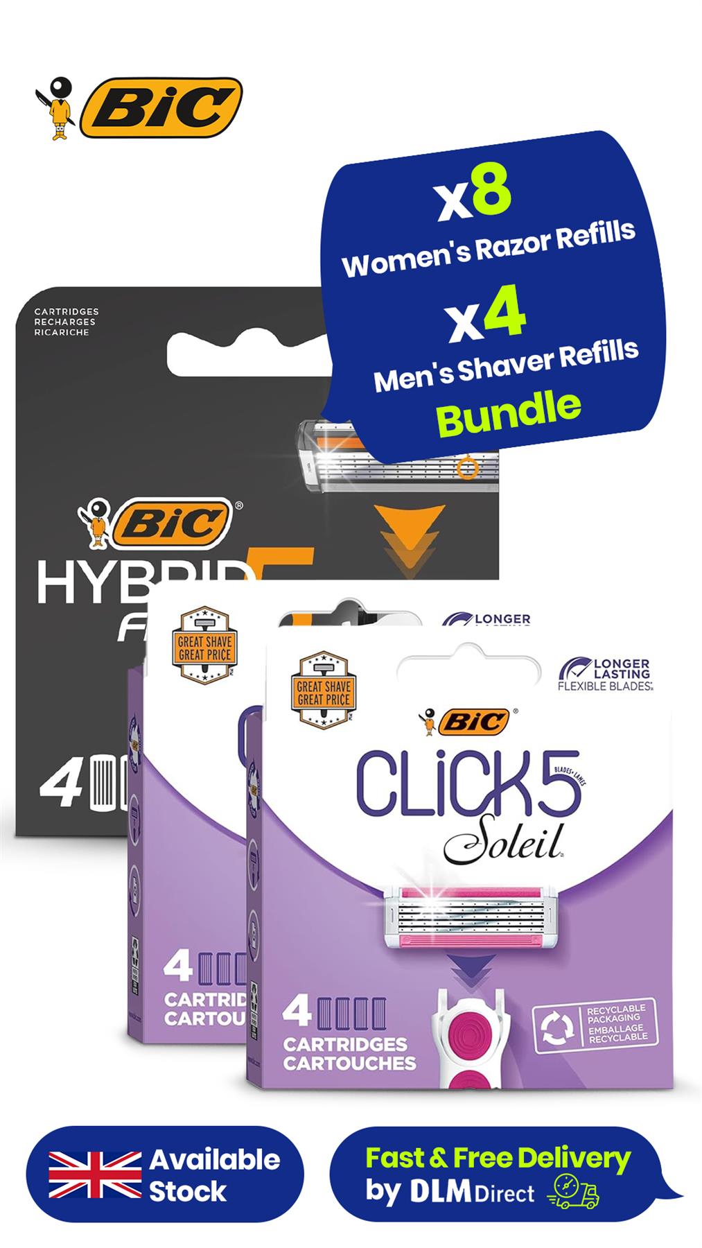 BIC Click 5 Soleil Women's Razor Refills 2 pack per pack 4 + BIC Hybrid 5 Flex Men's Shaver Refills Box of 4 Cartridges