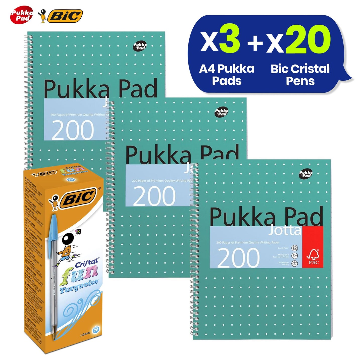 Pukka Pad, A4 Metallic Jotta Book 3 Pack + Bic Cristal Fun Ballpoint Pens, Wide Point (1.6 m), Box of 20, Turquoise Colour