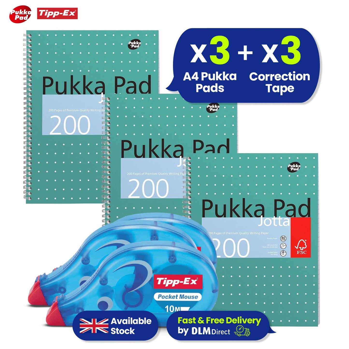 Pukka Pad 3x A4 Jotta Notebook & 3x Tipp-Ex Pocket Mouse Correction Tape Ideal for School and Office Use