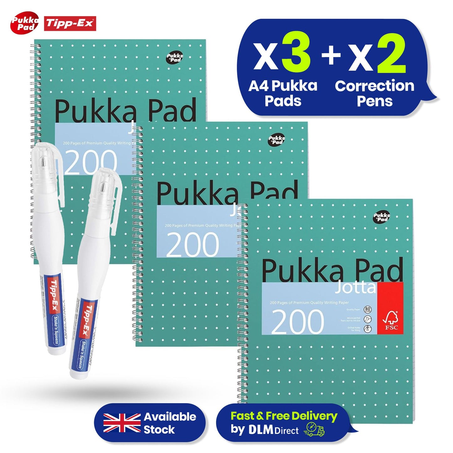 Pukka Pad, A4 Metallic Jotta Book 3 Pack � 21 x 30cm + Tipp-Ex Shake'n Squeeze Correction Pens � 8 ml, Pack of 2