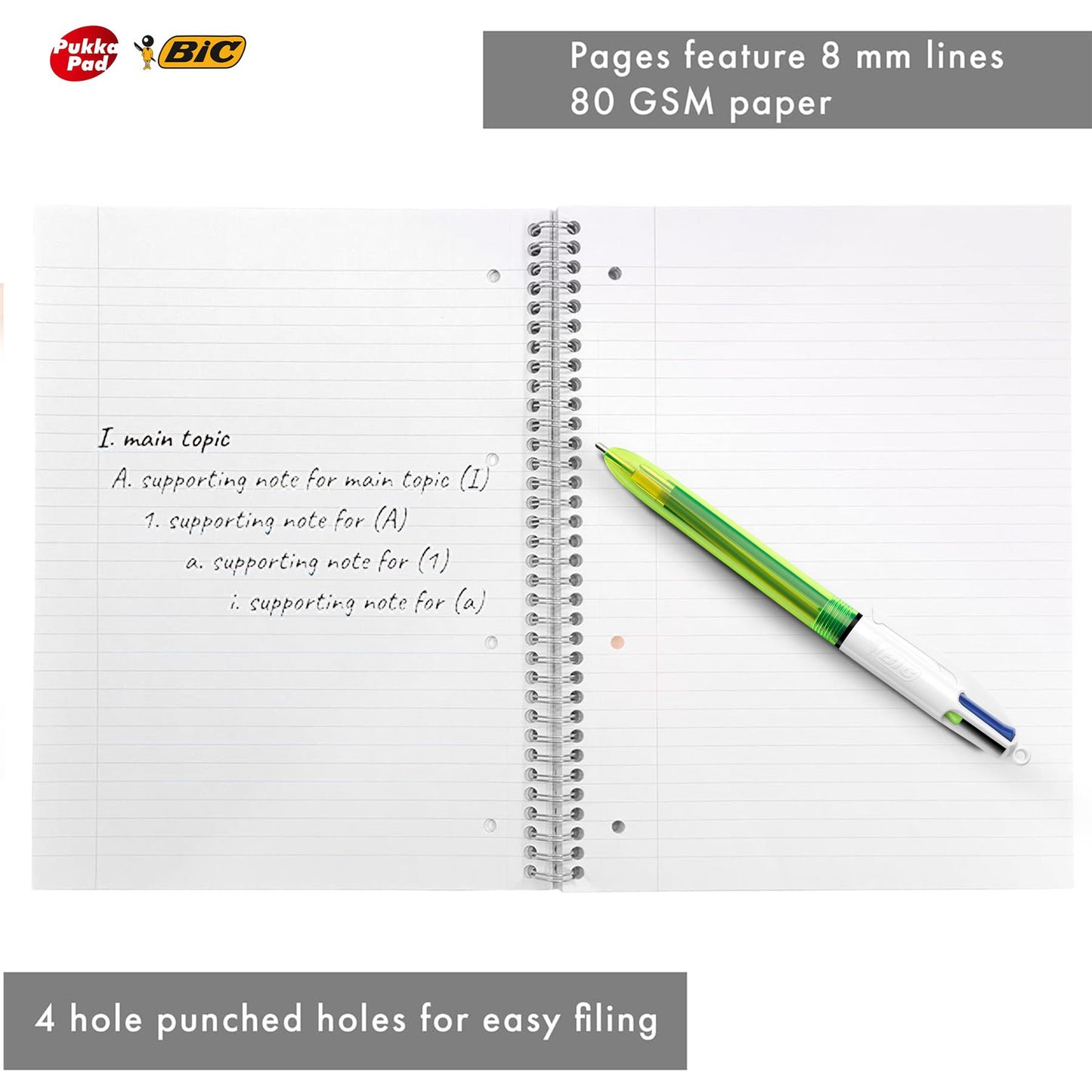 Pukka Pad 3x A4 Jotta Notebook & BIC 4 Colours Fluo Ballpoint Pen Ideal for School and Office Use