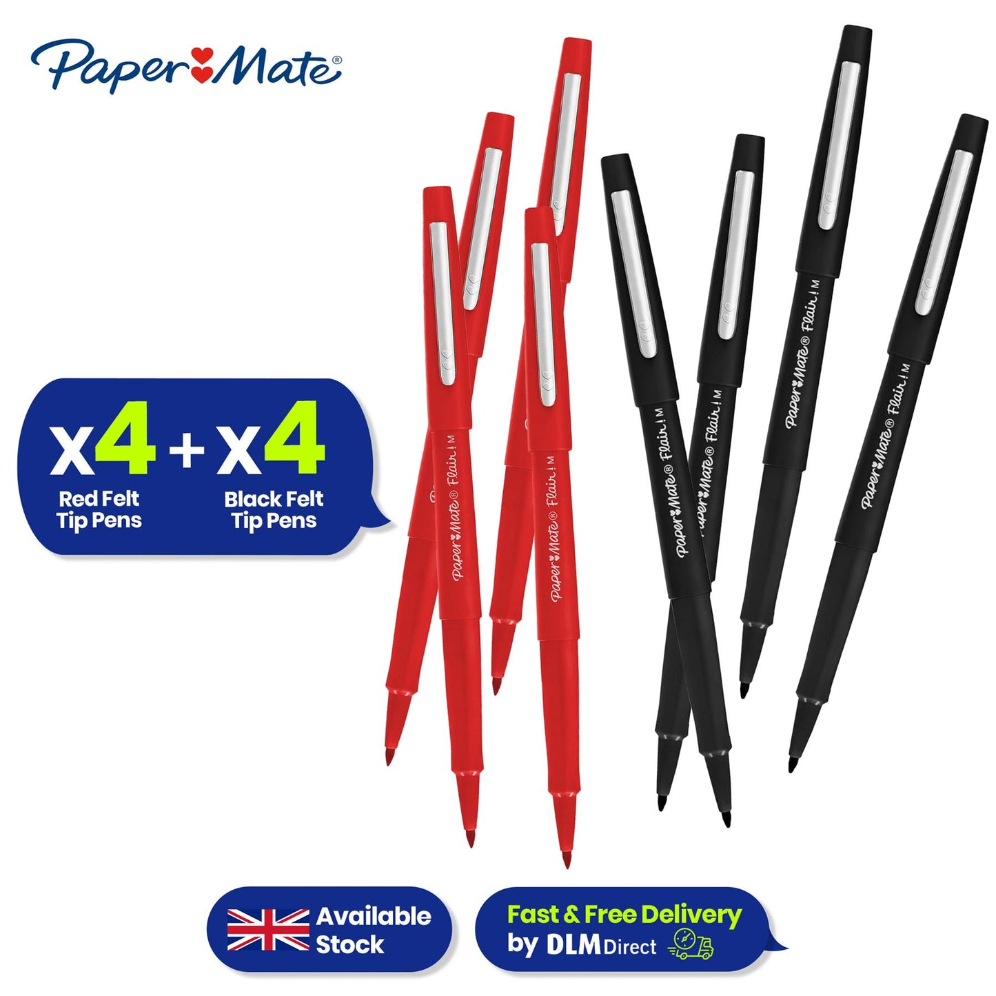 Papermate Flair Felt-Tip Pen Bundle Black and Red Packs of 4 Each