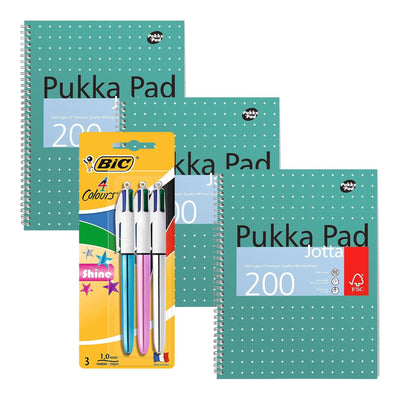 Pukka Pad, A4 Metallic Jotta Book 3 Pack � 21 x 30cm + BIC 4 Colours Shine Pens, Multicoloured Pen, Retractable Ballpoint Pens, Biro Pens, Medium 1.0mm, Green, Blue, Black, Red, 3 Pens Per Pack, 1 Pack