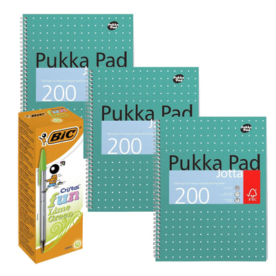 3x Pukka Pad Notebooks & 20x BIC Cristal Fun Lime Green Pens for School & Office Use