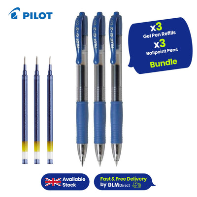 Pilot G2 07 Blue Gel Pens, 0.7 mm, Pack of 3, 3x Pilot BLS-G2-7 Refills for Long-Lasting, Smooth Writing