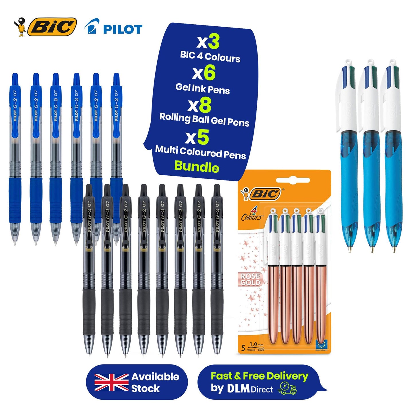 PILOT G2, Black, 8-Pack + BIC 4 Colours Rose Gold Pen, Multi Coloured Pens All In One,5 Pens Per Pack, 1 Pack + PILOT Pen 2605 G2 Blue (Pack of 6) + BIC 4 Colours Retractable Ballpoint Pens, Blue, Pack Of 3