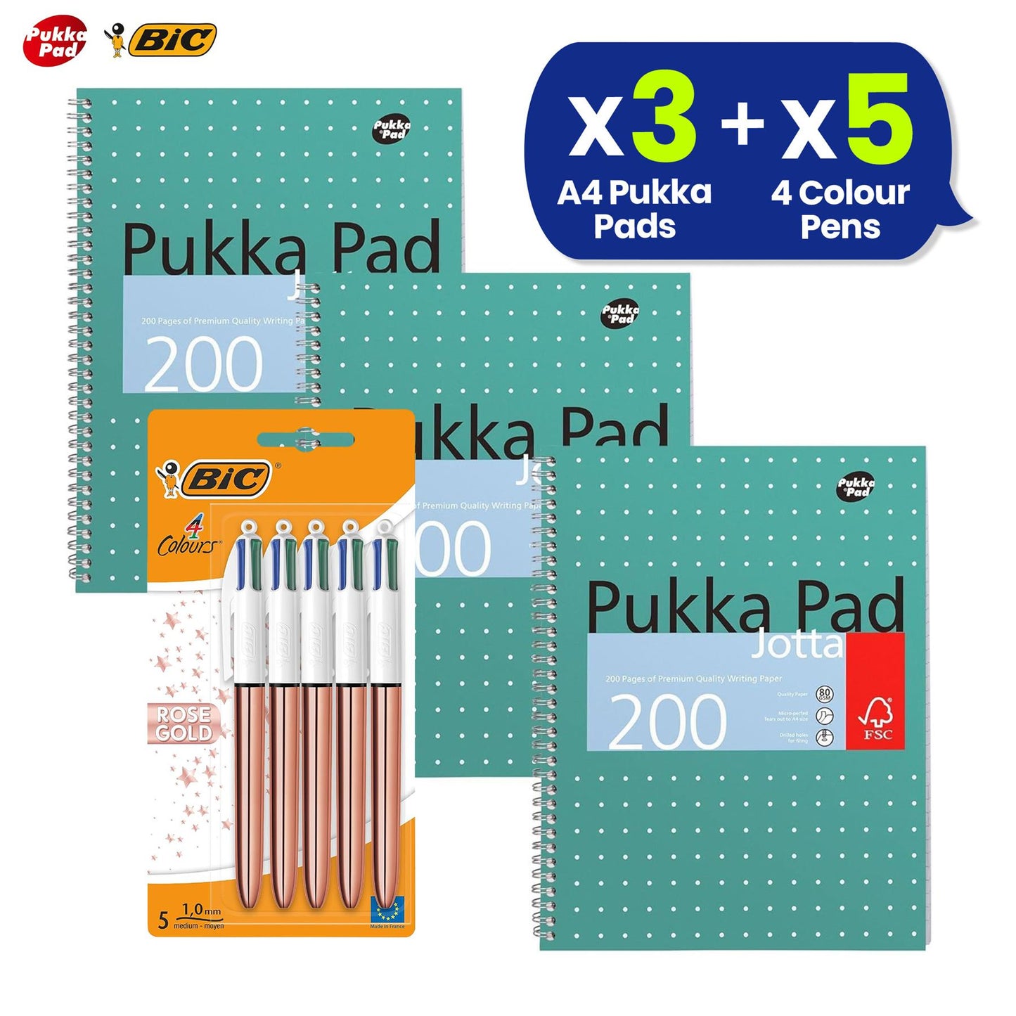 Pukka Pad, A4 Metallic Jotta Book 3 Pack � 21 x 30cm + BIC 4 Colours Rose Gold Pen, Multi Coloured Pens All In One, Retractable Ballpoint Pen, Medium 1.0mm, Green, Blue, Red, Black, 5 Pens Per Pack, 1 Pack