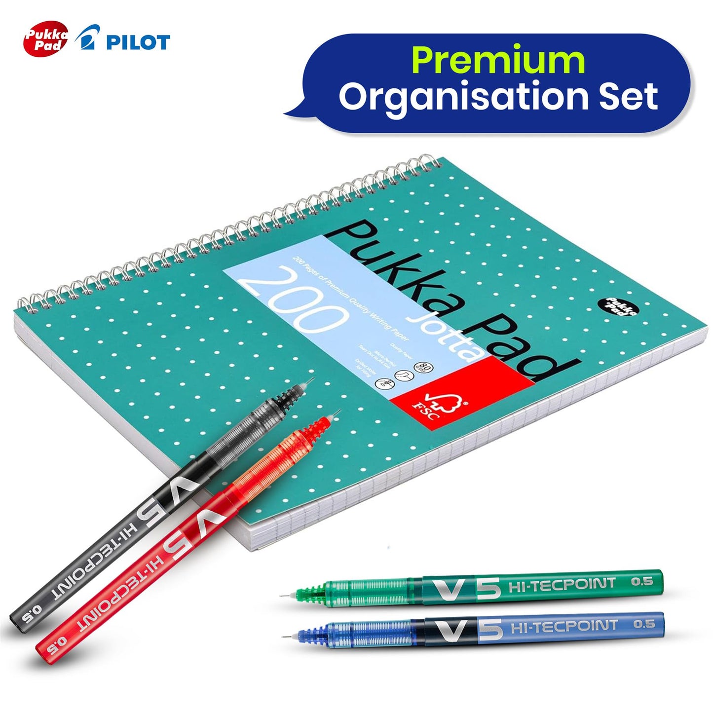 Pukka Pad 3x A4 Jotta Notebook & 7x Pilot BX V5 High Tech Rollerball Pen Ideal for School and Office Use