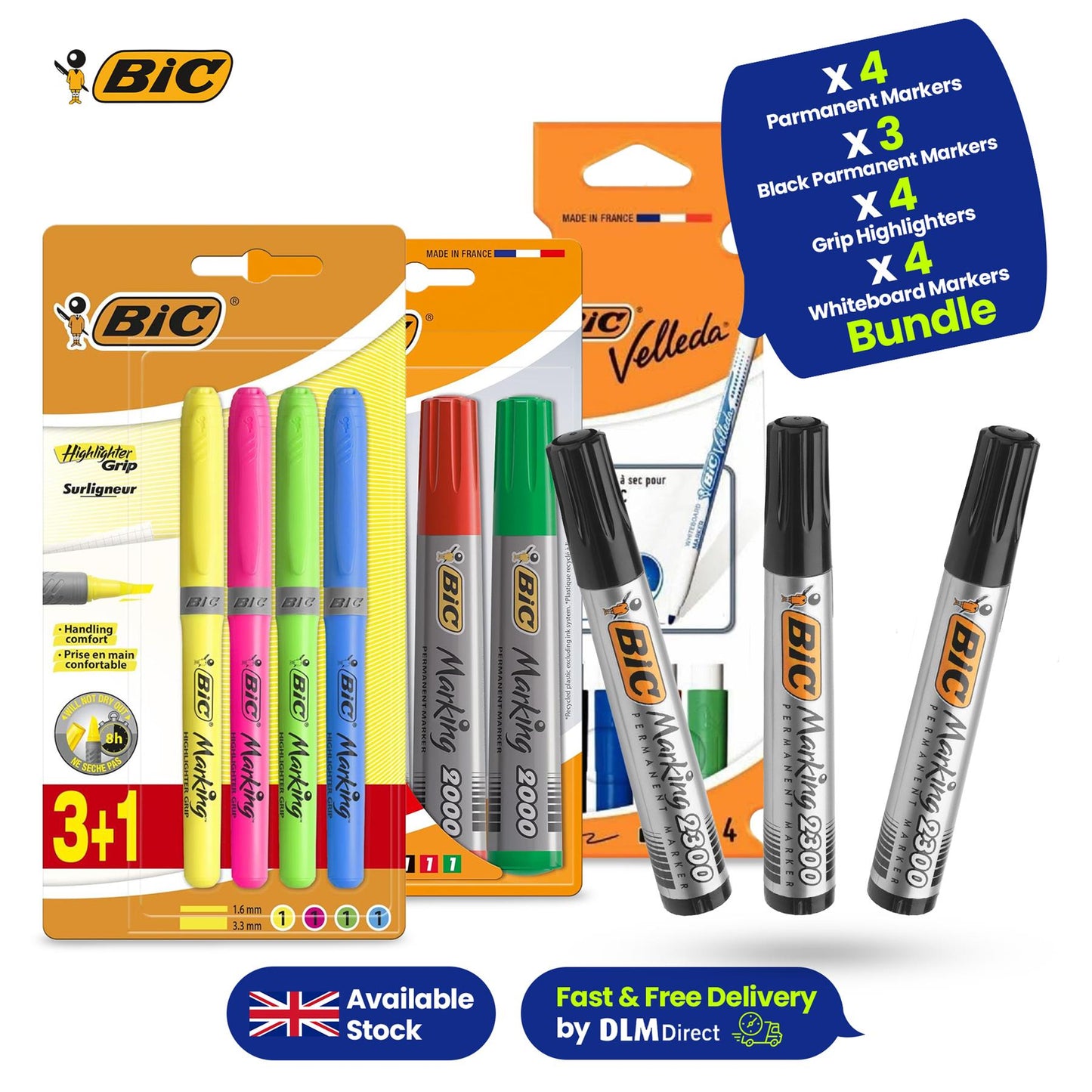 BIC Velleda Markers 4 Pack & 4x BIC Marking 2000 & 4 BIC Grip Highlighters & 3x BIC  Marking 2300