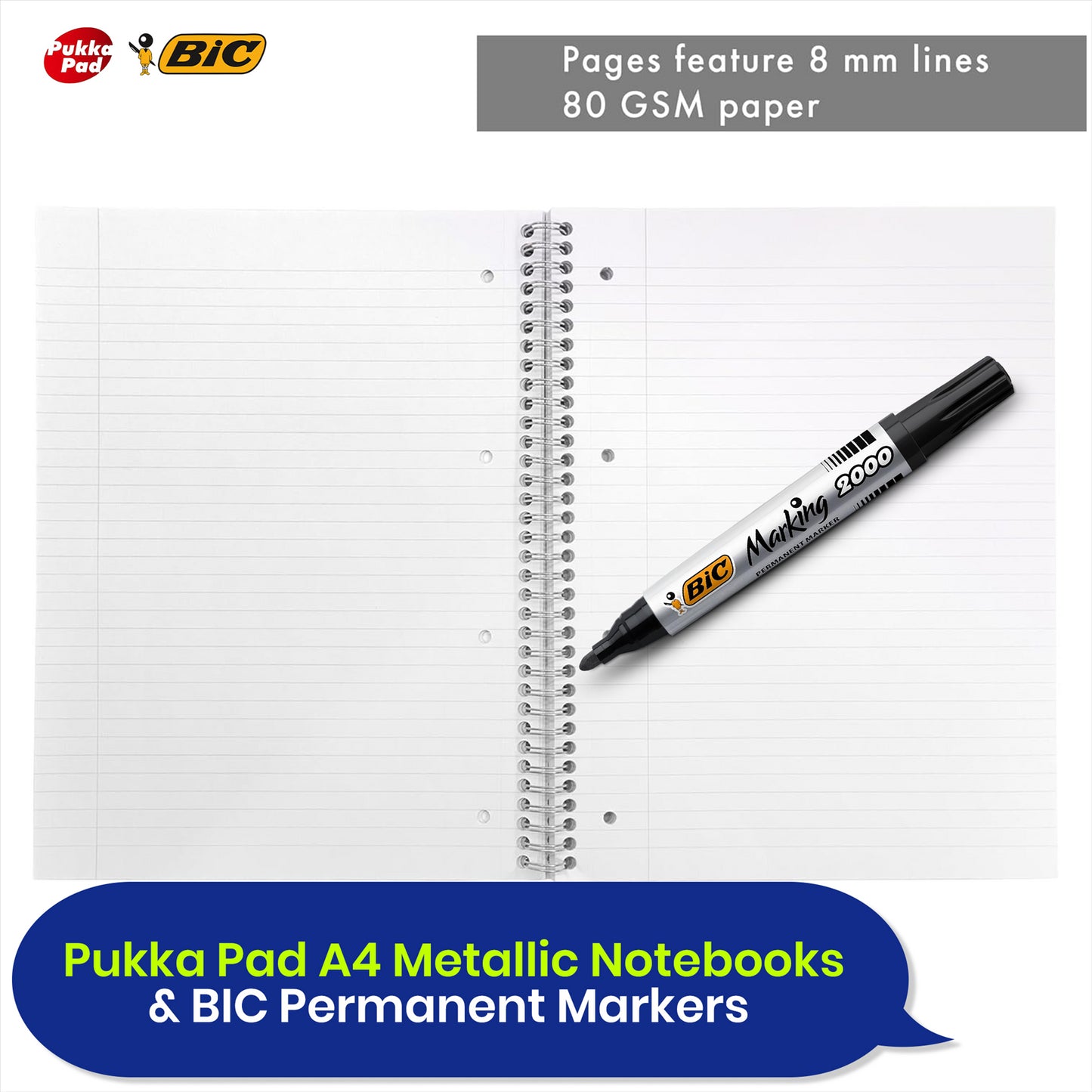 Pukka Pad 3x A4 Jotta Notebook & 4x BIC Marking 2000 Permanent Marker Ideal for School and Office Use