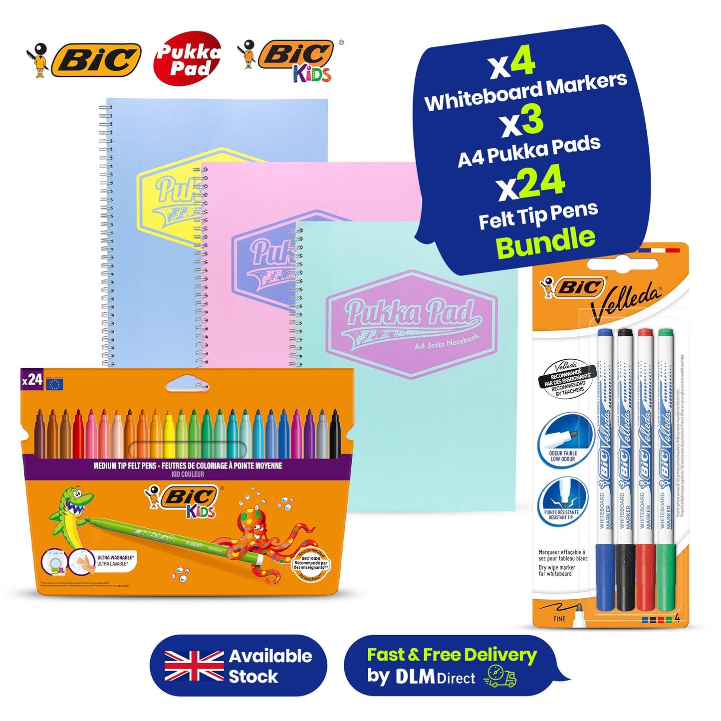 BIC Kids Coloring Pens 24 Pack, Pastel Pukka A4 Notebooks 3 Pack & BIC Whiteboard Markers 4 Pack