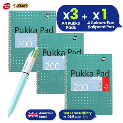 Pukka Pad 3x A4 Jotta Notebook & BIC 4 Colours Fun Ballpoint Pens Ideal for School and Office Use