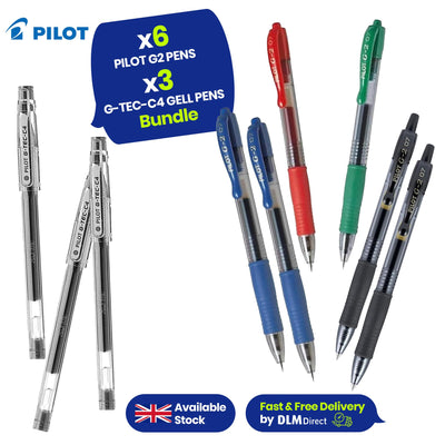 PILOT G2 6 Colour Pen Pack and 3x G-Tec-C4 Ultra Fine Gel Pens for Detailed Writing