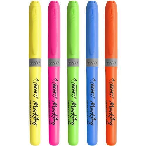 Bic brite liner Grip (1.6 to 3.3 mm) Chisel Tip Highlighter Pen Assorted (1 x Pack of 5 Highlighter Pens) - 1 to 5 Packs