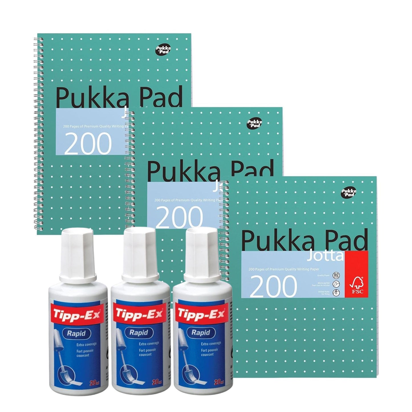 3x Tipp-Ex Rapid Correction Fluid & Pukka Pad A4 Jotta Books, 3 Pack, 200 Pages