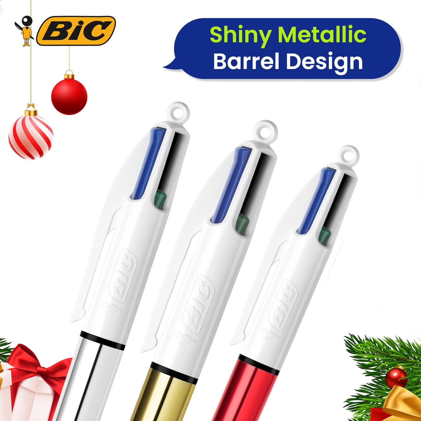 Bic 4 Colour Shine - Christmas Blister 1 Gold, 1 Silver, and 1 Red Pen