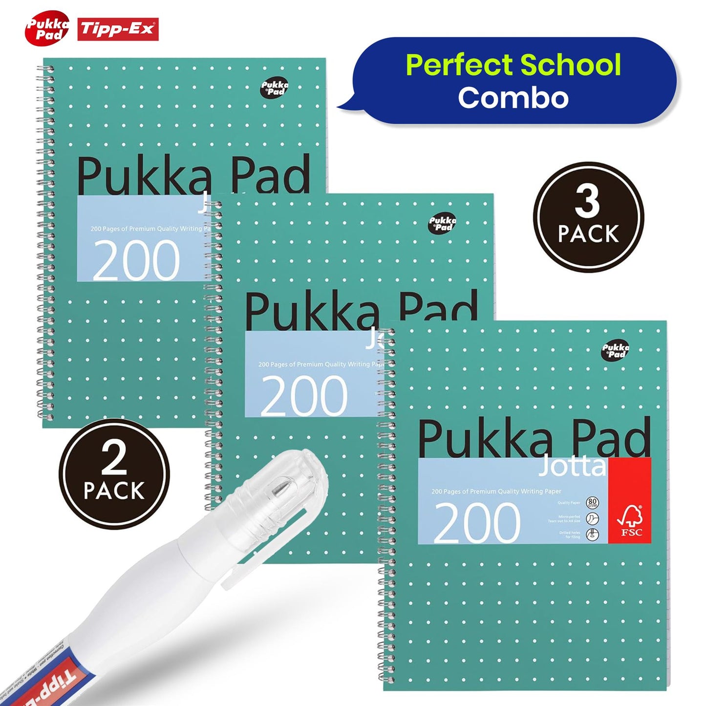 Pukka Pad, A4 Metallic Jotta Book 3 Pack � 21 x 30cm + Tipp-Ex Shake'n Squeeze Correction Pens � 8 ml, Pack of 2