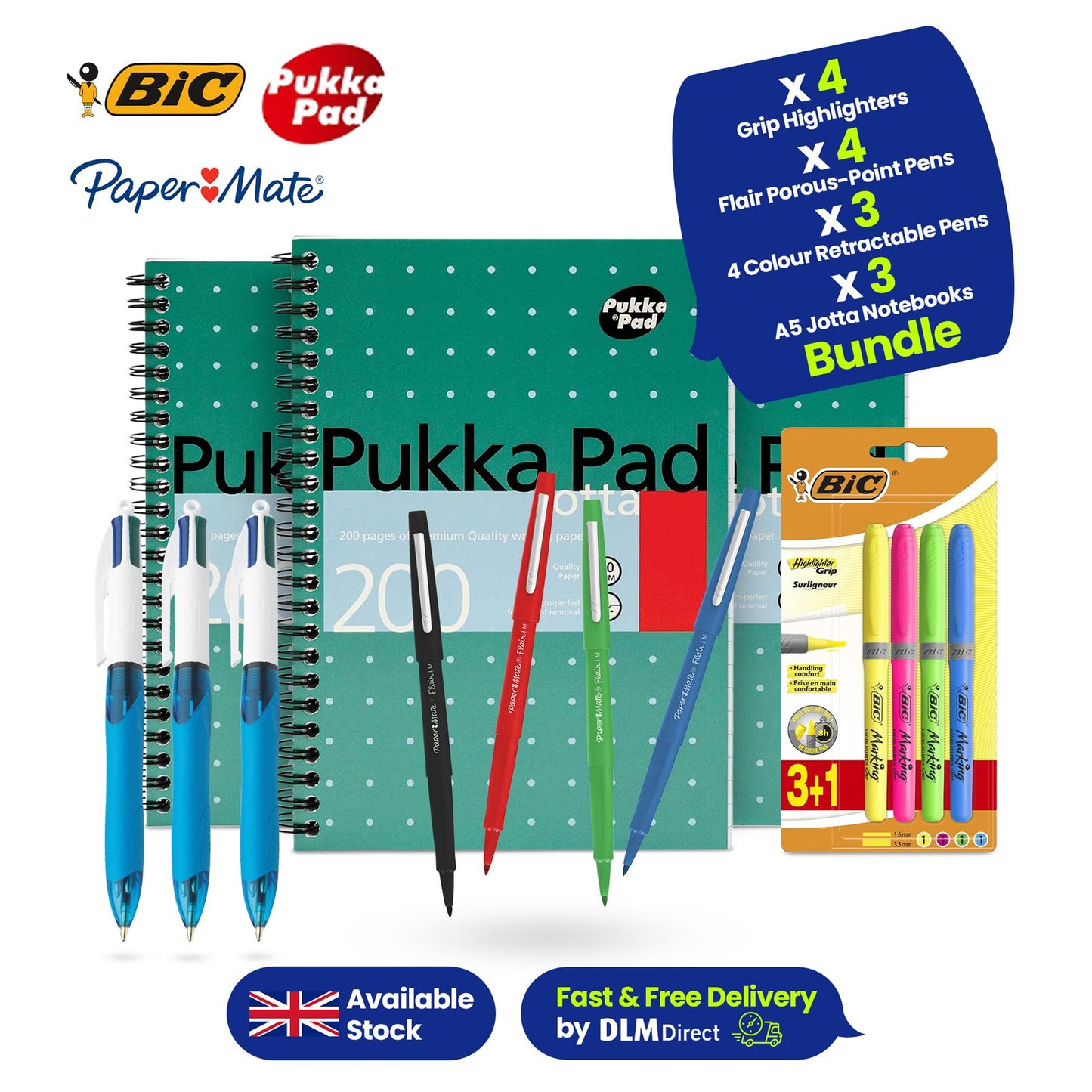 3x Pukka Jotta 200 Pages Colour & BIC Highlighter Grip 4 Pack & Paper Mate Flair 4 Pack & BIC 4-Colour Grip 3 Pack