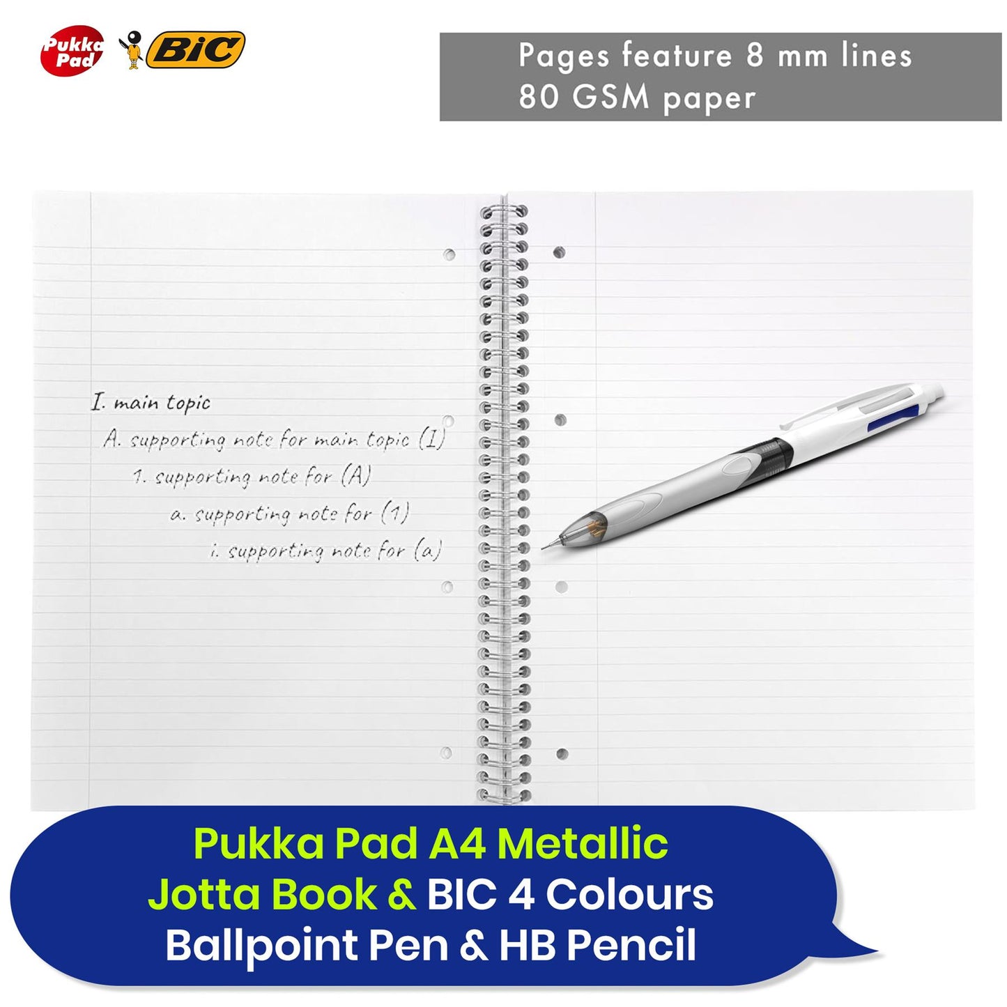 Pukka Pad, A4 Metallic Jotta Book 3 Pack � 21 x 30cm + BIC 4 Colours Multifunctional Ballpoint Pen and HB Pencil Combo - Set of 12