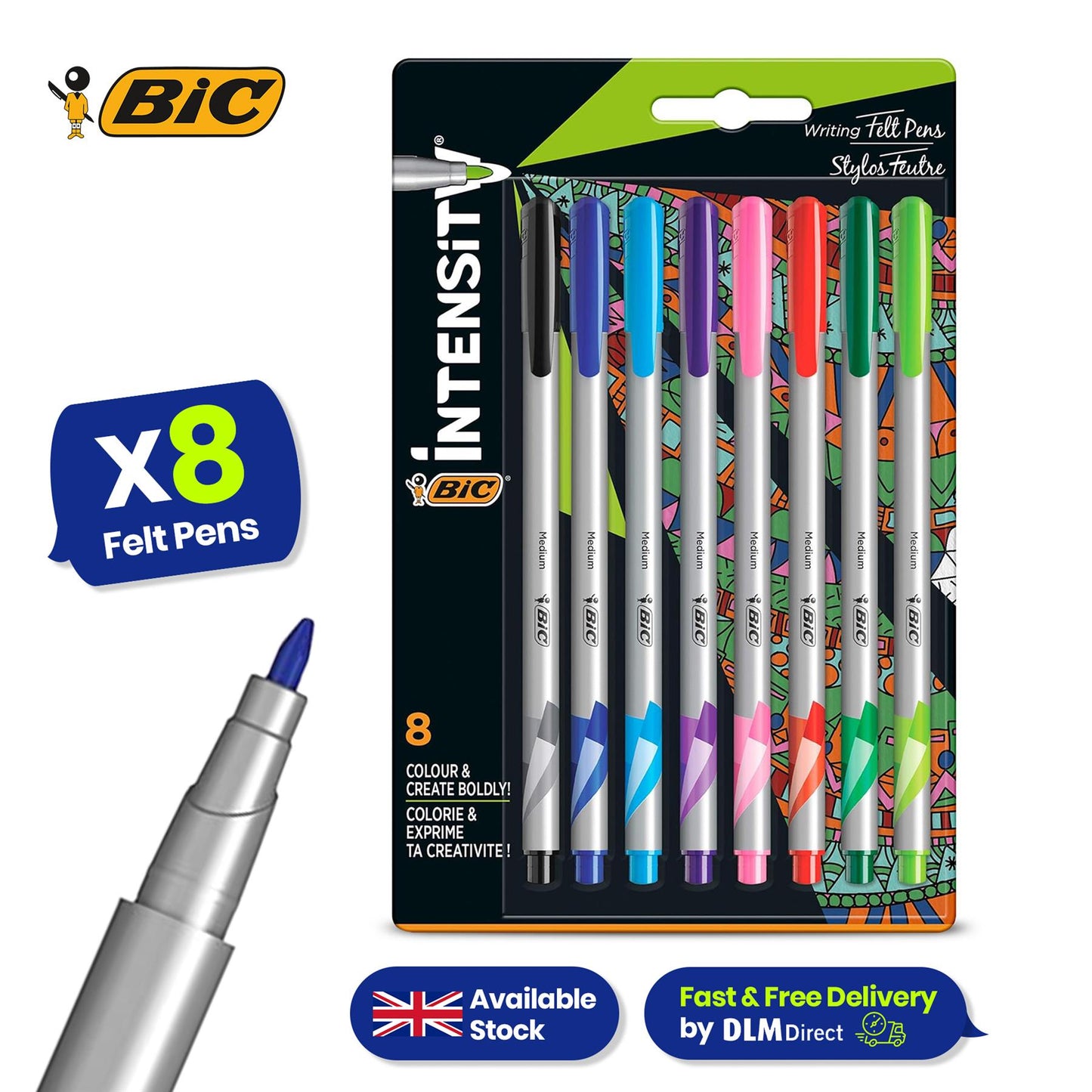 8x BIC Intensity Felt Tip Pens & 12x BIC Conte Colouring Pencils with My Message Dreamer Kit for School