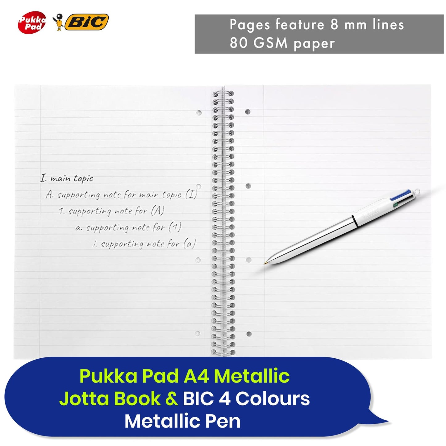 Pukka Pad, A4 Metallic Jotta Book 3 Pack � 21 x 30cm + BIC - Bic 4 Color Metallic Pen 2Pk