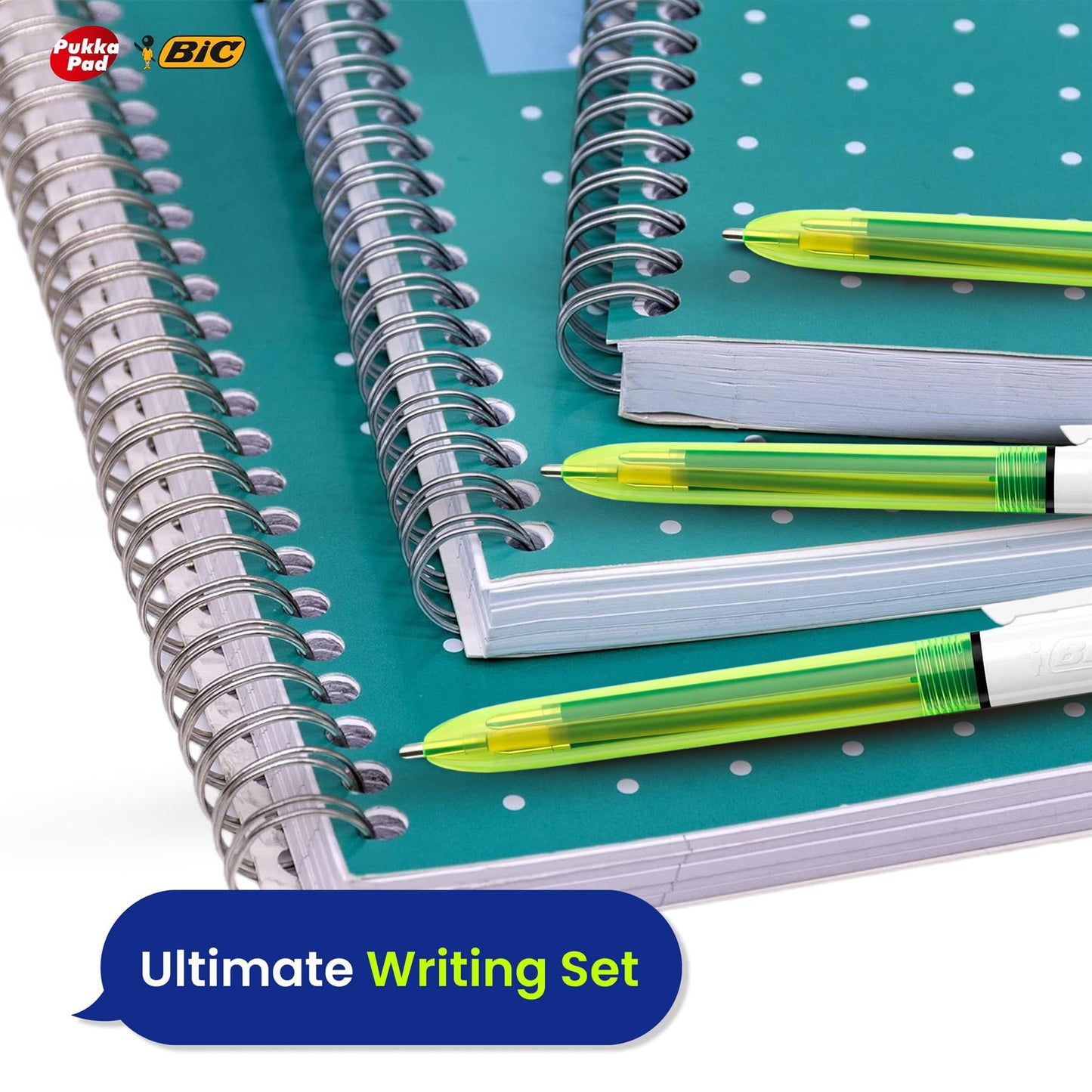 Pukka Pad 3x A4 Jotta Notebook & BIC 4 Colours Fluo Ballpoint Pen Ideal for School and Office Use