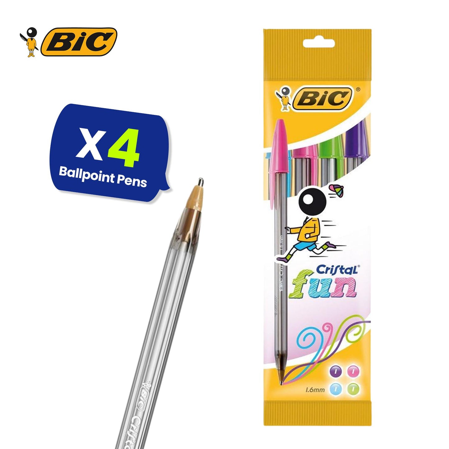 BIC Cristal Fun Ballpoint Pens Assorted Colours 1.6mm 4 Pack