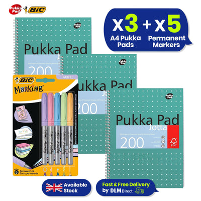 Pukka Pad 3x A4 Jotta Notebook & 5x BIC Marking Pastel Permanent Markers Ideal for School and Office Use