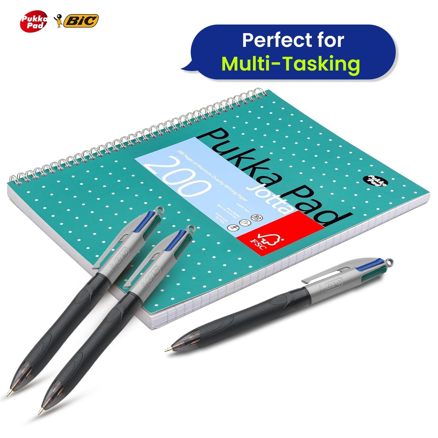 Pukka Pad, A4 Metallic Jotta Book 3 Pack � 21 x 30cm + BIC 4 Colour Grip Pro Pen Plastic Barrel 1.0mm Multi-Pen Four Ink Colours